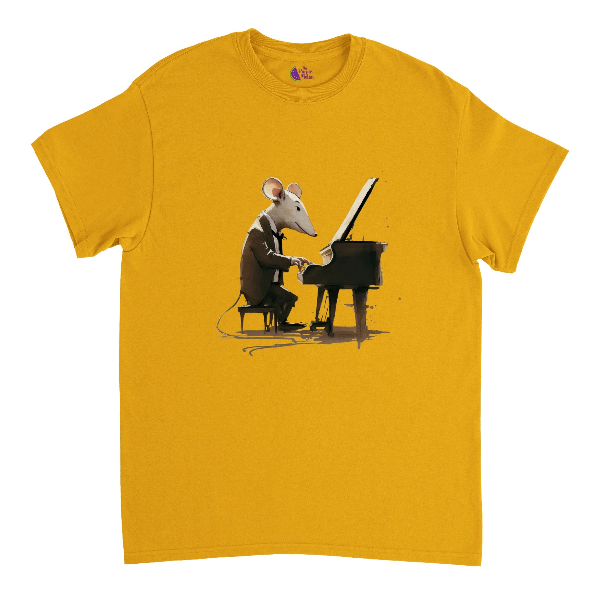 Gold t-shirt with a mouse playing a piano print