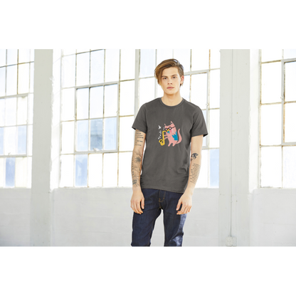 Pink Cat Playing a Saxophone Premium Unisex Crewneck T-shirt.
