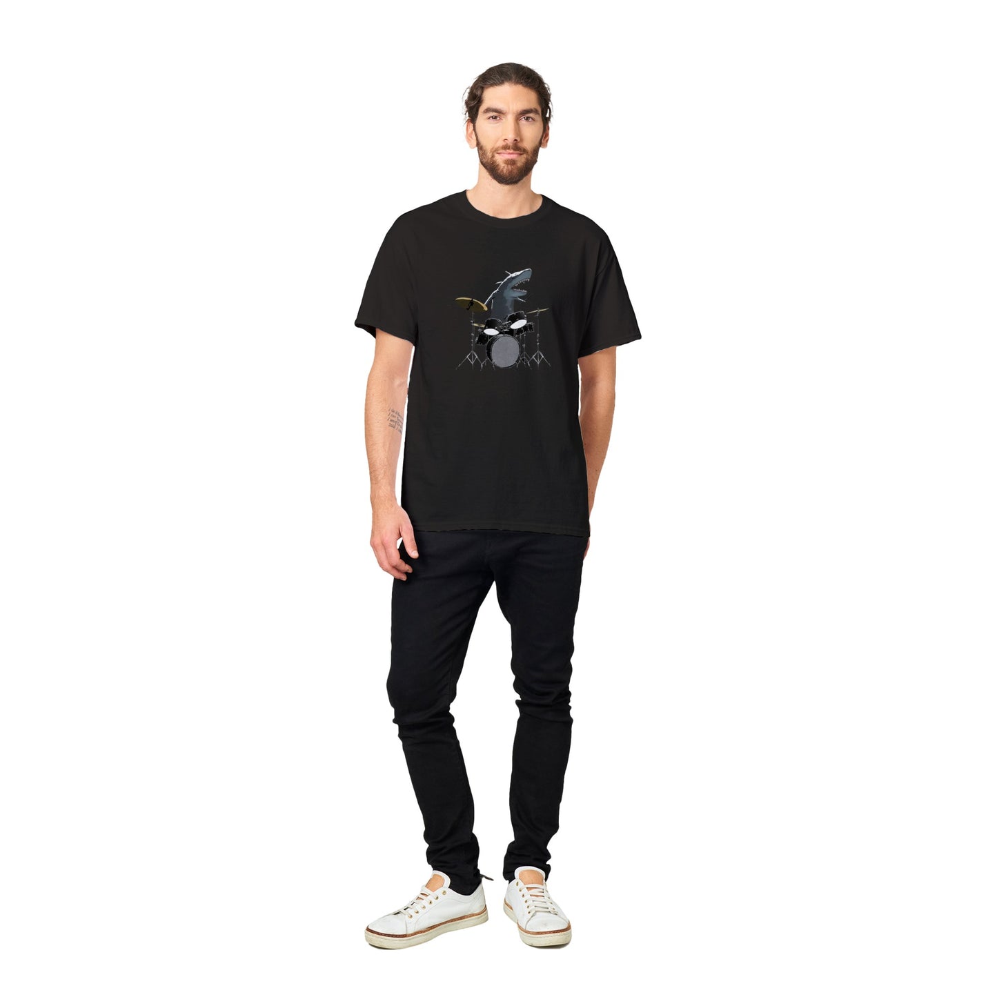 Guy wearing a black t-shirt with a shark playing drums illustration