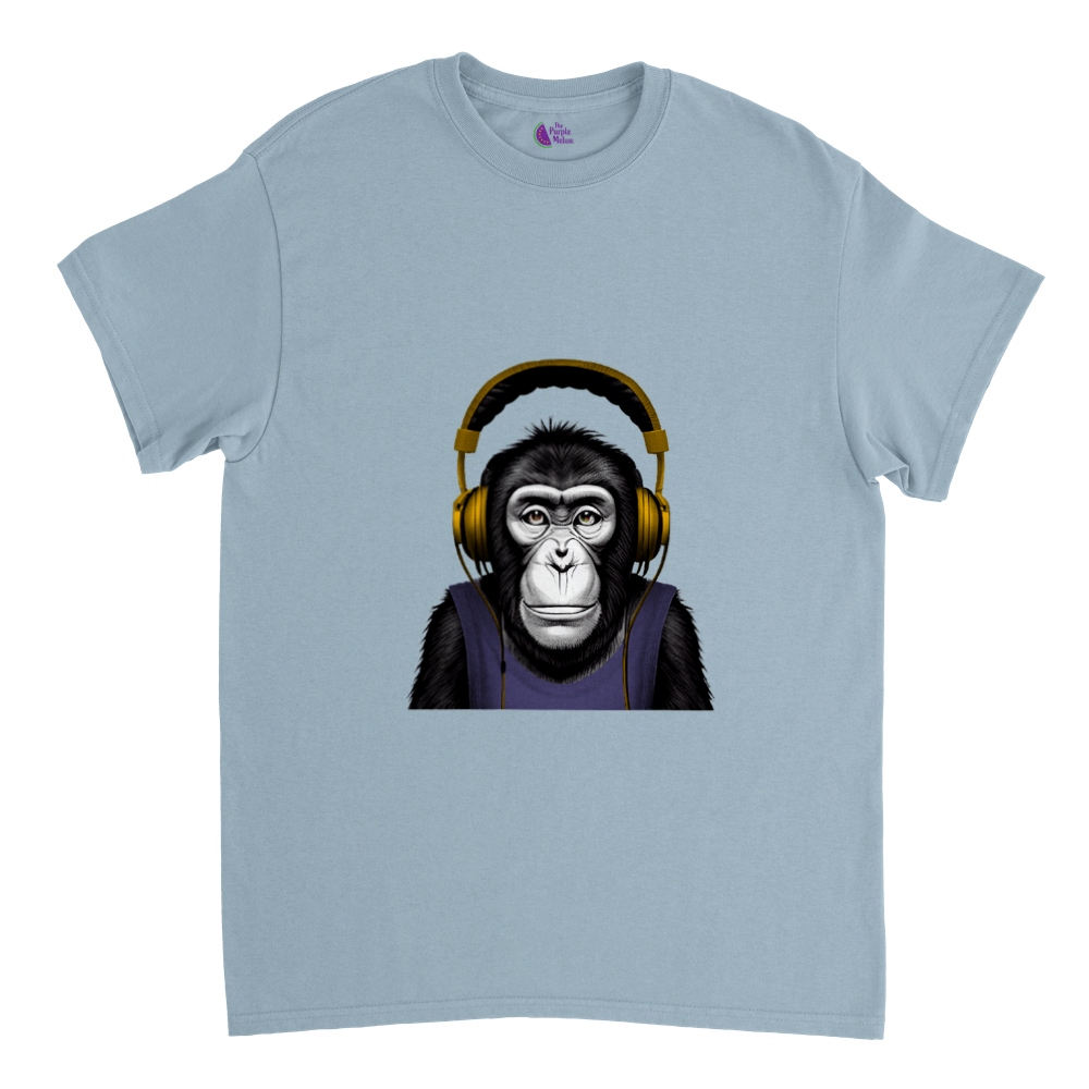 light blue t-shirt with a chimp wearing headphones listening to music print