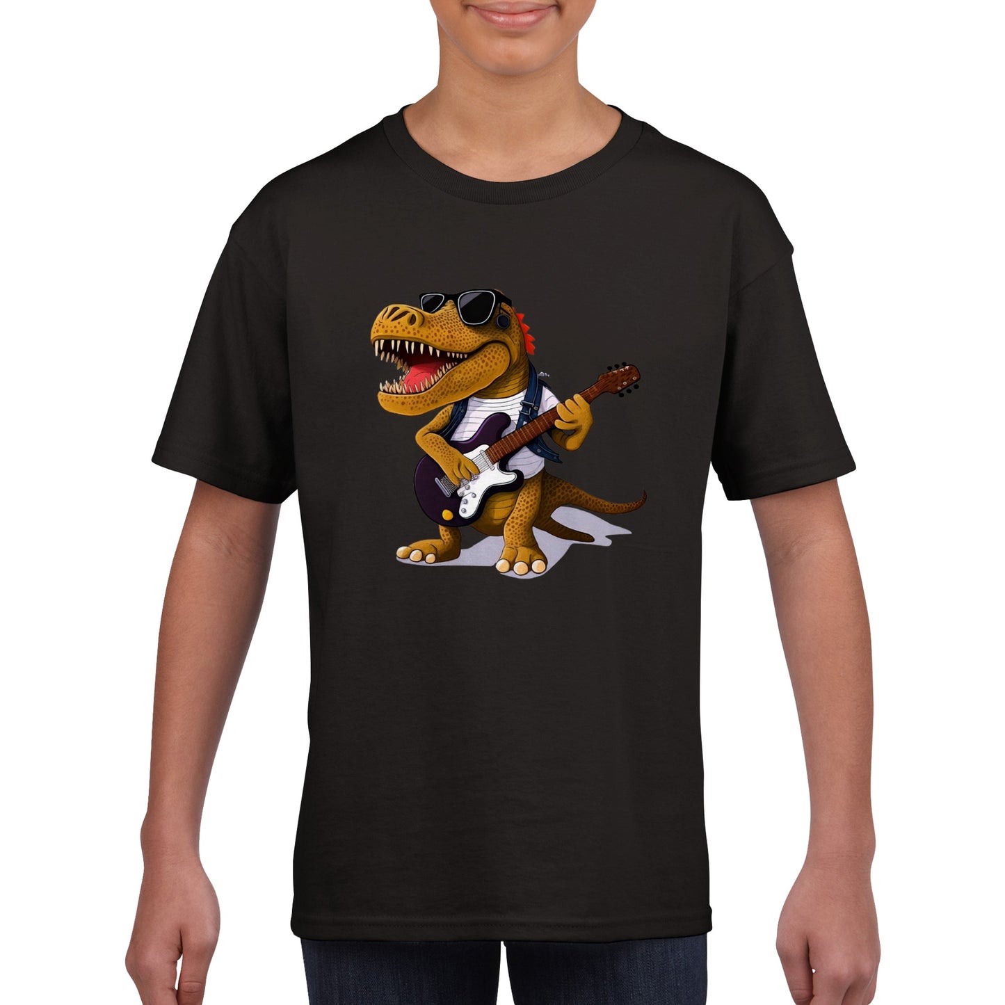 Boy wearing a black t-shirt with a rockstar dino playing the guitar print