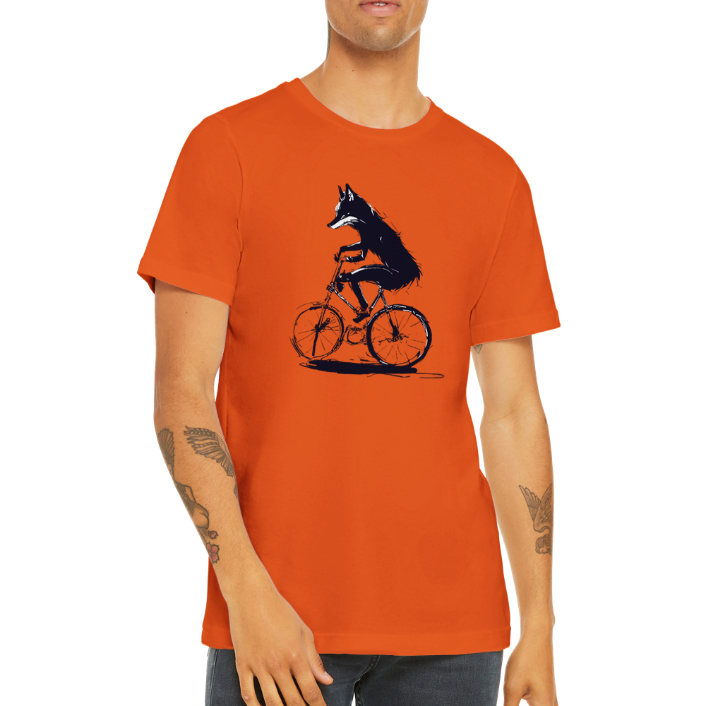 Guy wearing an orange t-shirt with a fox riding a bike print