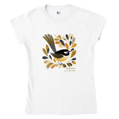 White t-shirt with a Pīwakawaka Fantail Print on the front