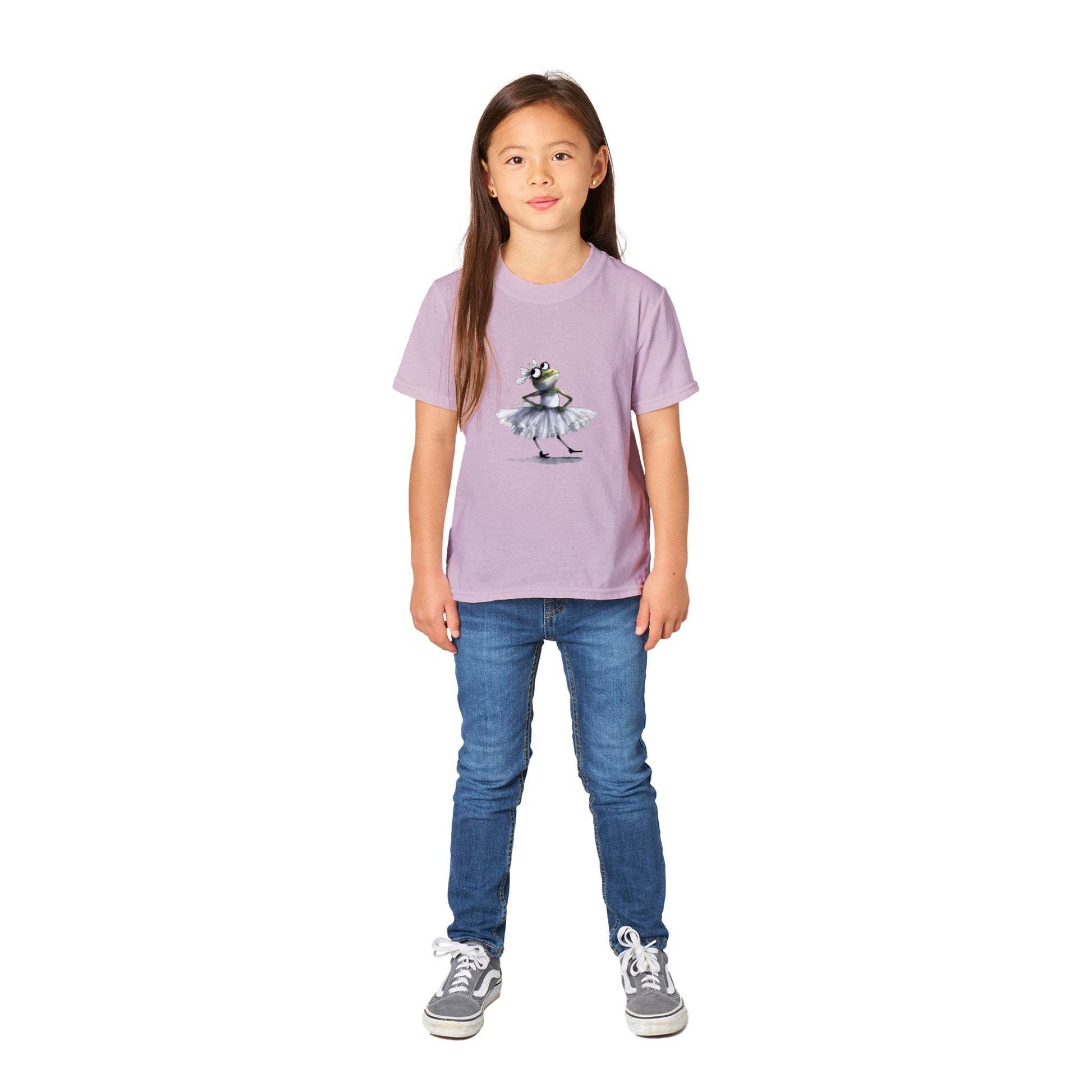 girl wearing a pink t-shirt with a ballerina frog in a a tutu print