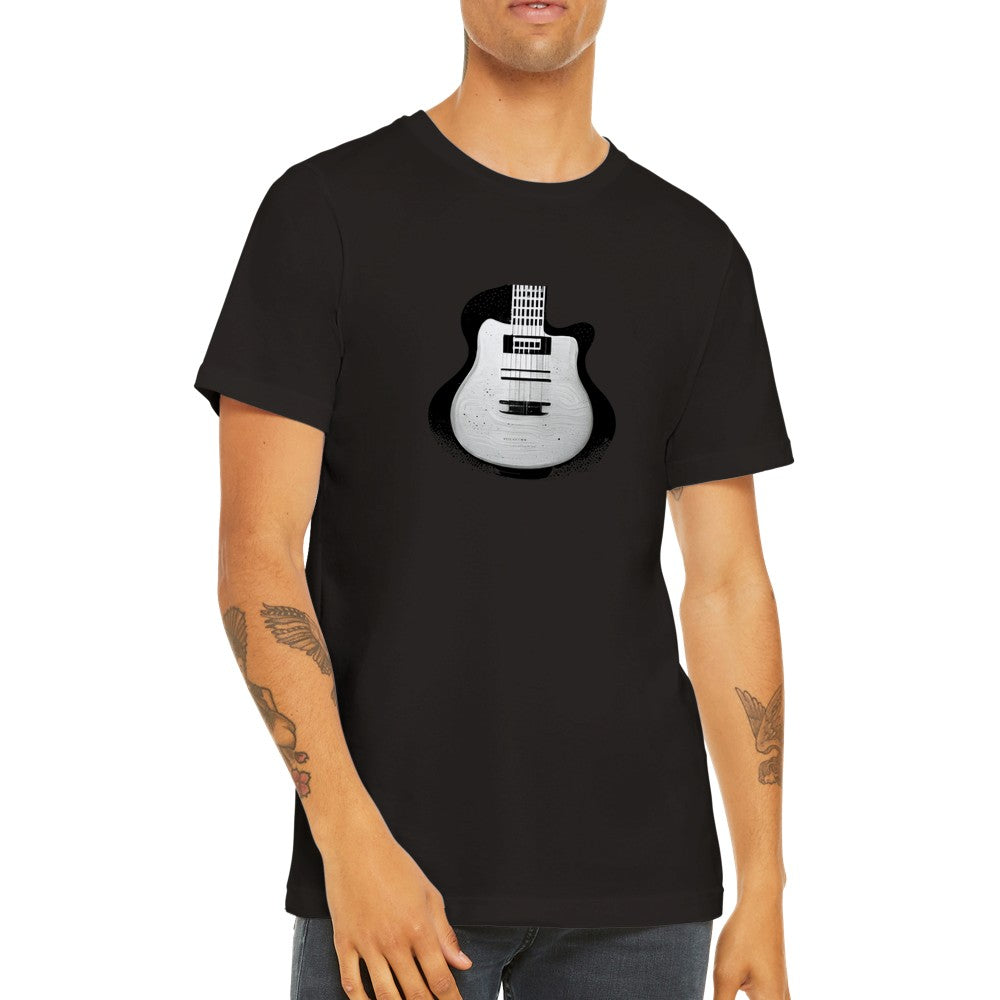Guy wearing a black t-shirt with Black and White Pop-Art Guitar  Print