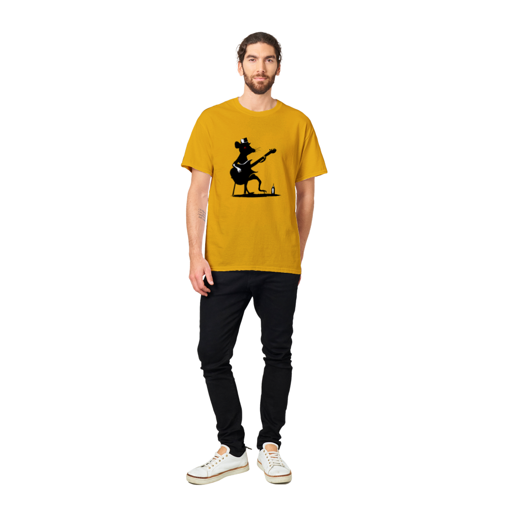 guy wearing a gold t-shirt with a rat playing guitar print