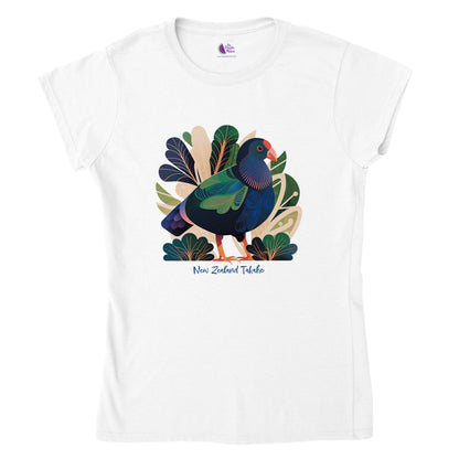 White t-shirt with a new zealand takahe print