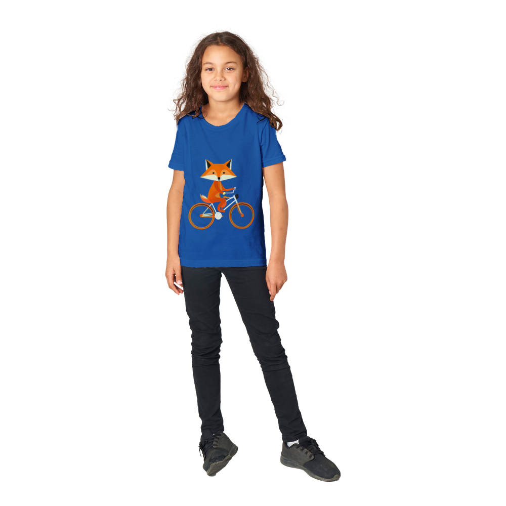 Girl wearing a Royal blue t-shirt with a cute fox riding a bike print