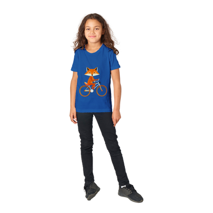 Girl wearing a Royal blue t-shirt with a cute fox riding a bike print