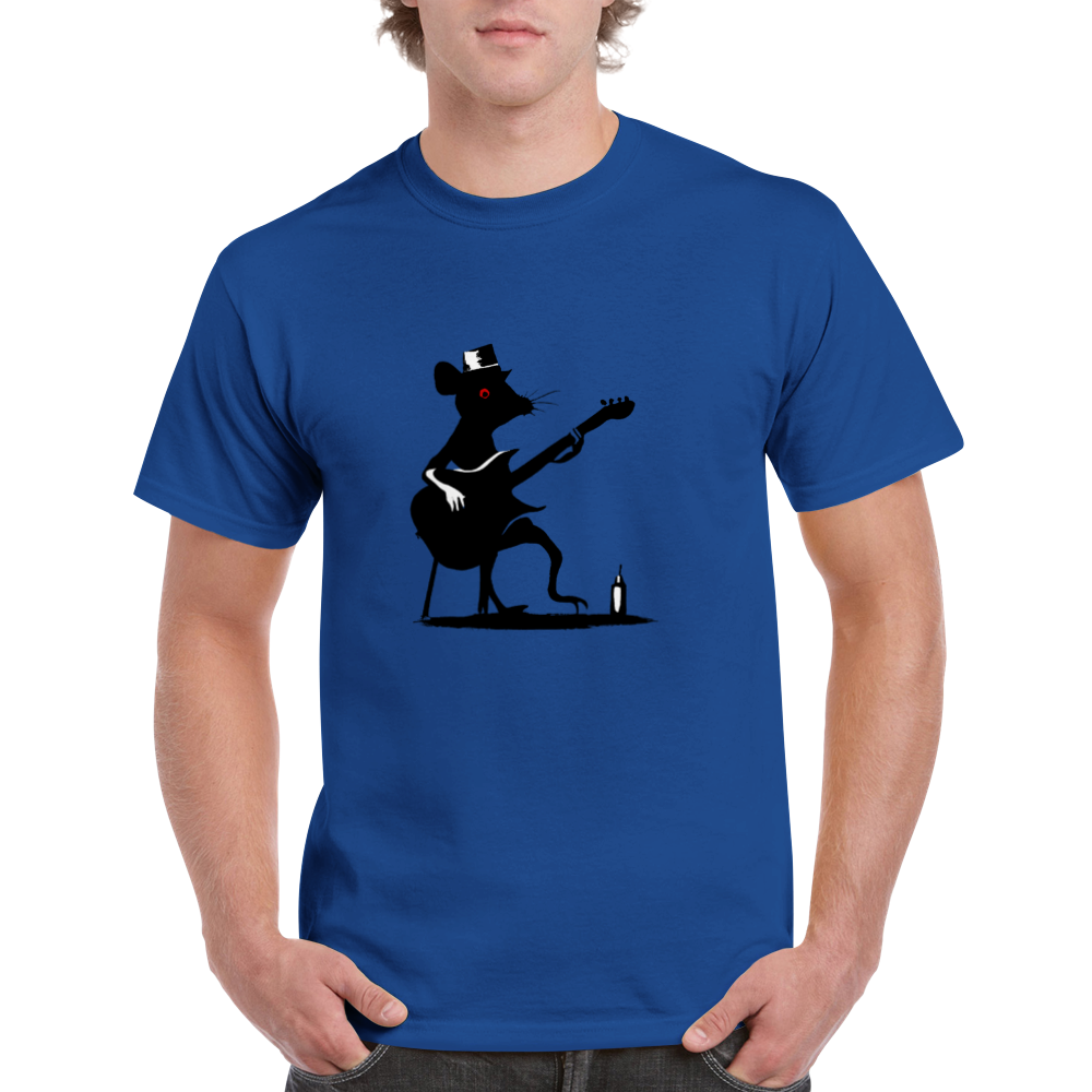 guy wearing a blue t-shirt with a rat playing guitar print