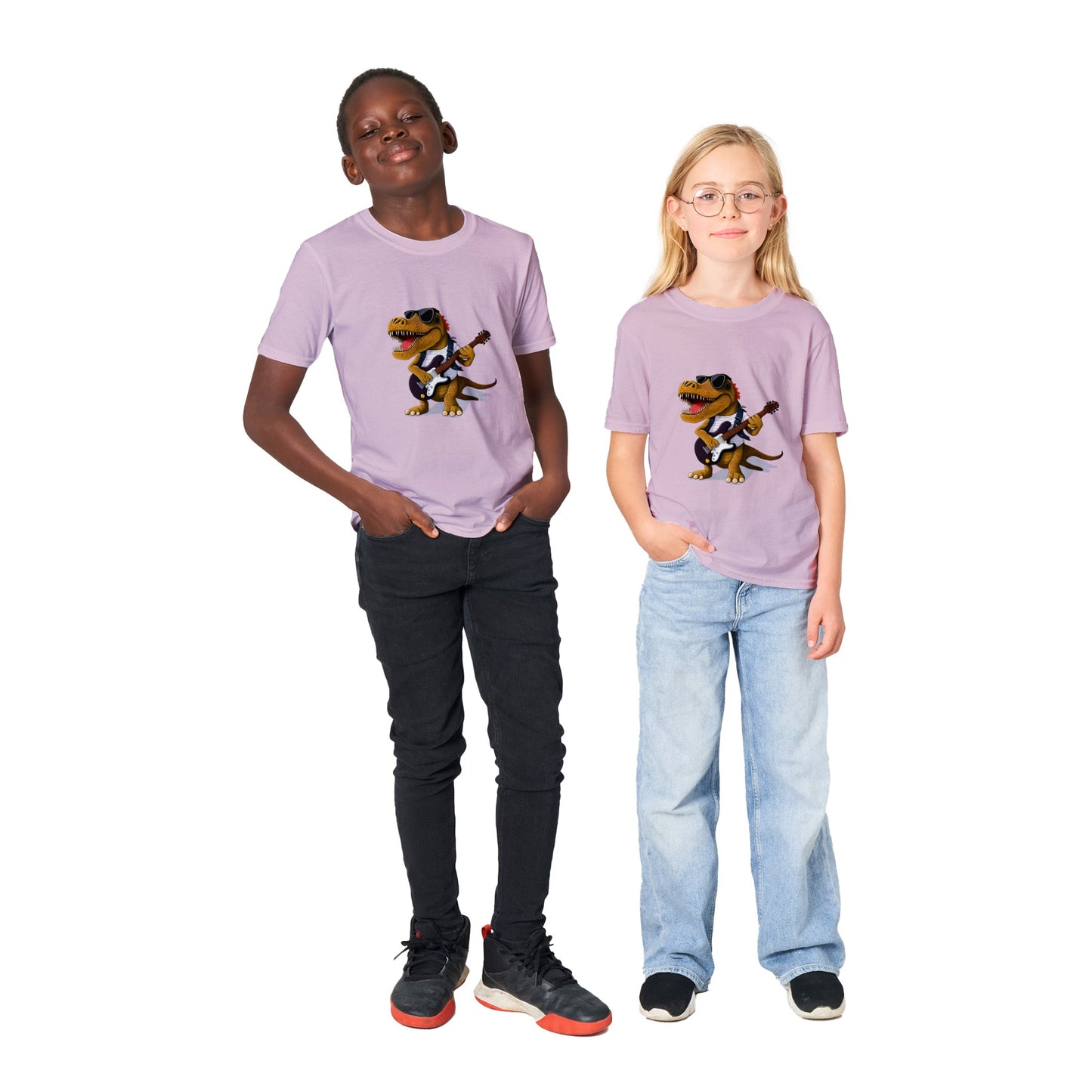 Boy & a girl wearing pink t-shirts with a rockstar dino playing the guitar print