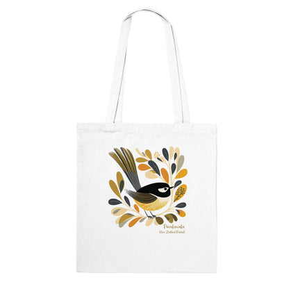 White tote bag with a New Zealand Fantail/pīwakawaka print