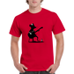 guy wearing a red t-shirt with a rat playing guitar print