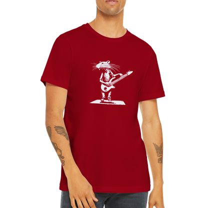 Guy wearing a red t-shirt with a rat playing bass guitar print