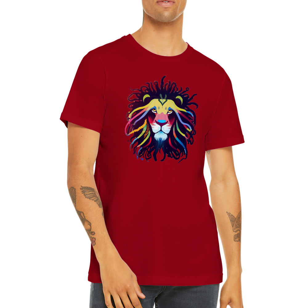 A guy wearing a red t-shirt with a colourful lion with dreadlocks print