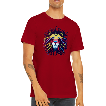 A guy wearing a red t-shirt with a colourful lion with dreadlocks print