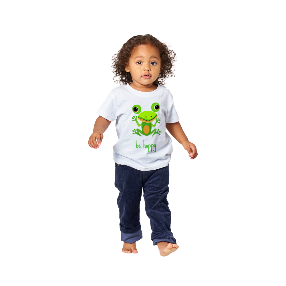 baby wearing white t-shirt with cute be hoppy frog print