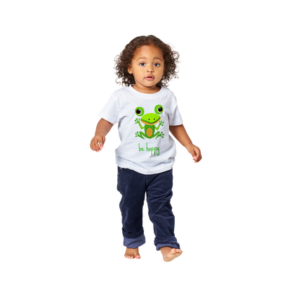 baby wearing white t-shirt with cute be hoppy frog print