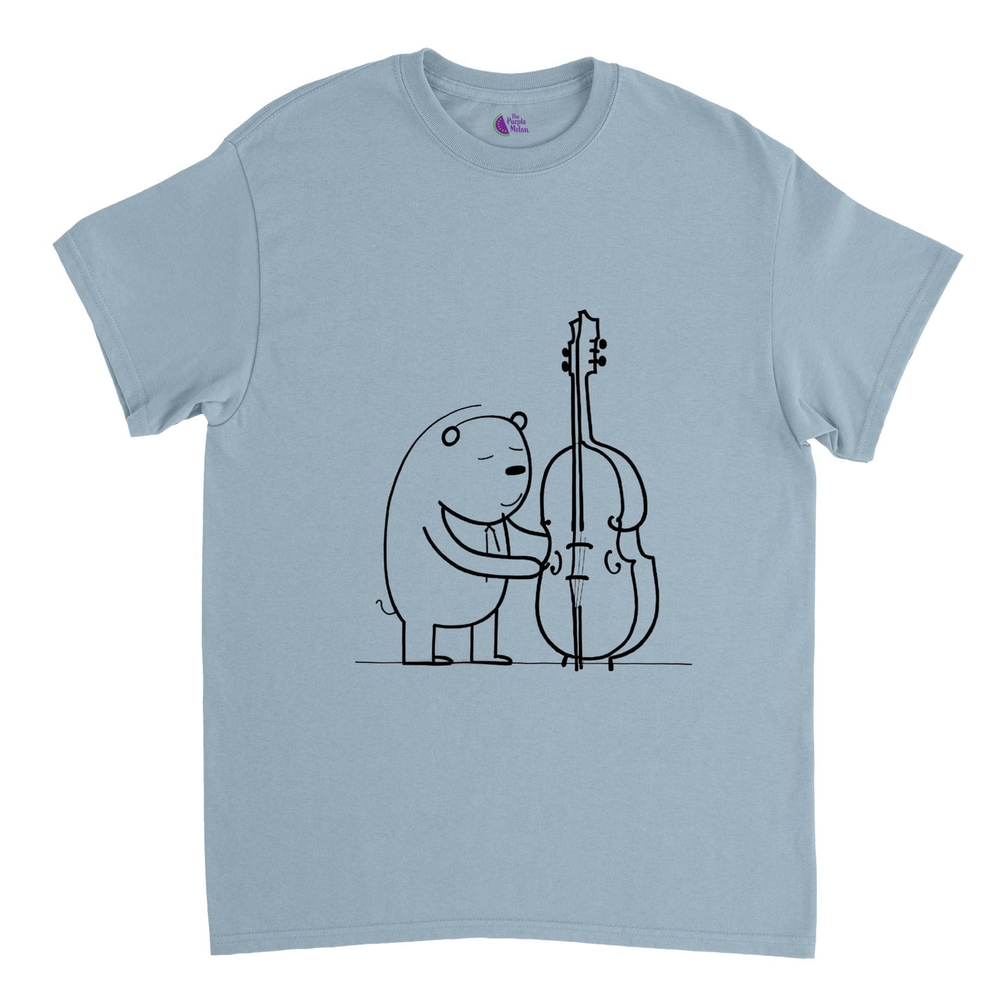 Sky blue t-shirt with a bear playing a double bass print