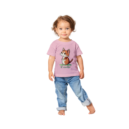 a baby wearing a pink t-shirt with a lil munchkin kitten print