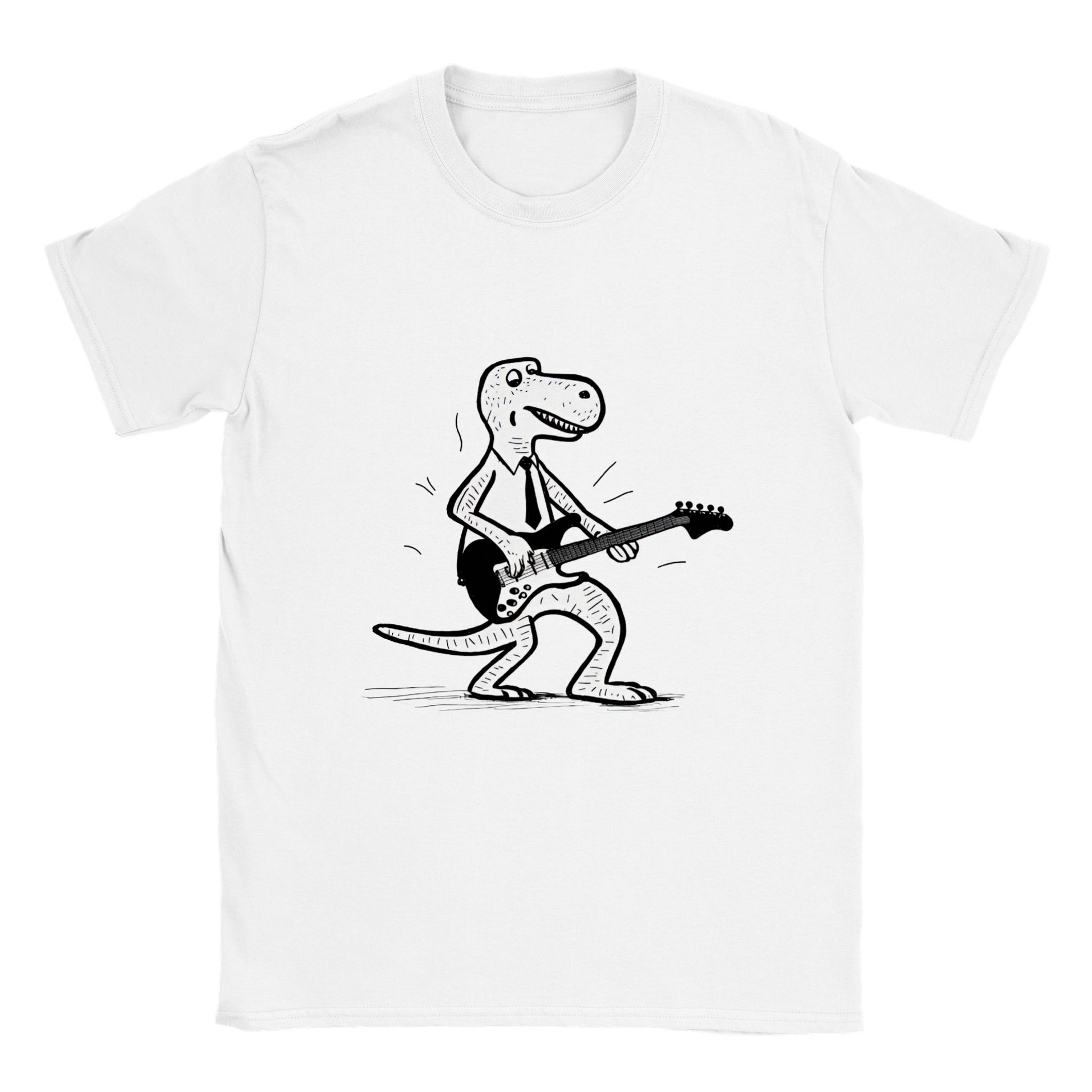 t-rex dinosaur wearing a tie playing the guitar on a white t-shirt