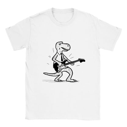 t-rex dinosaur wearing a tie playing the guitar on a white t-shirt