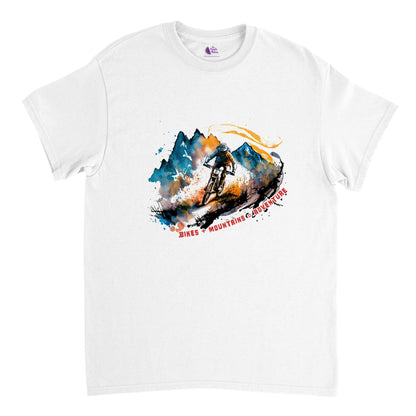 White t-shirt with a mountain bike print with the caption Bikes + Mountains = Adventure