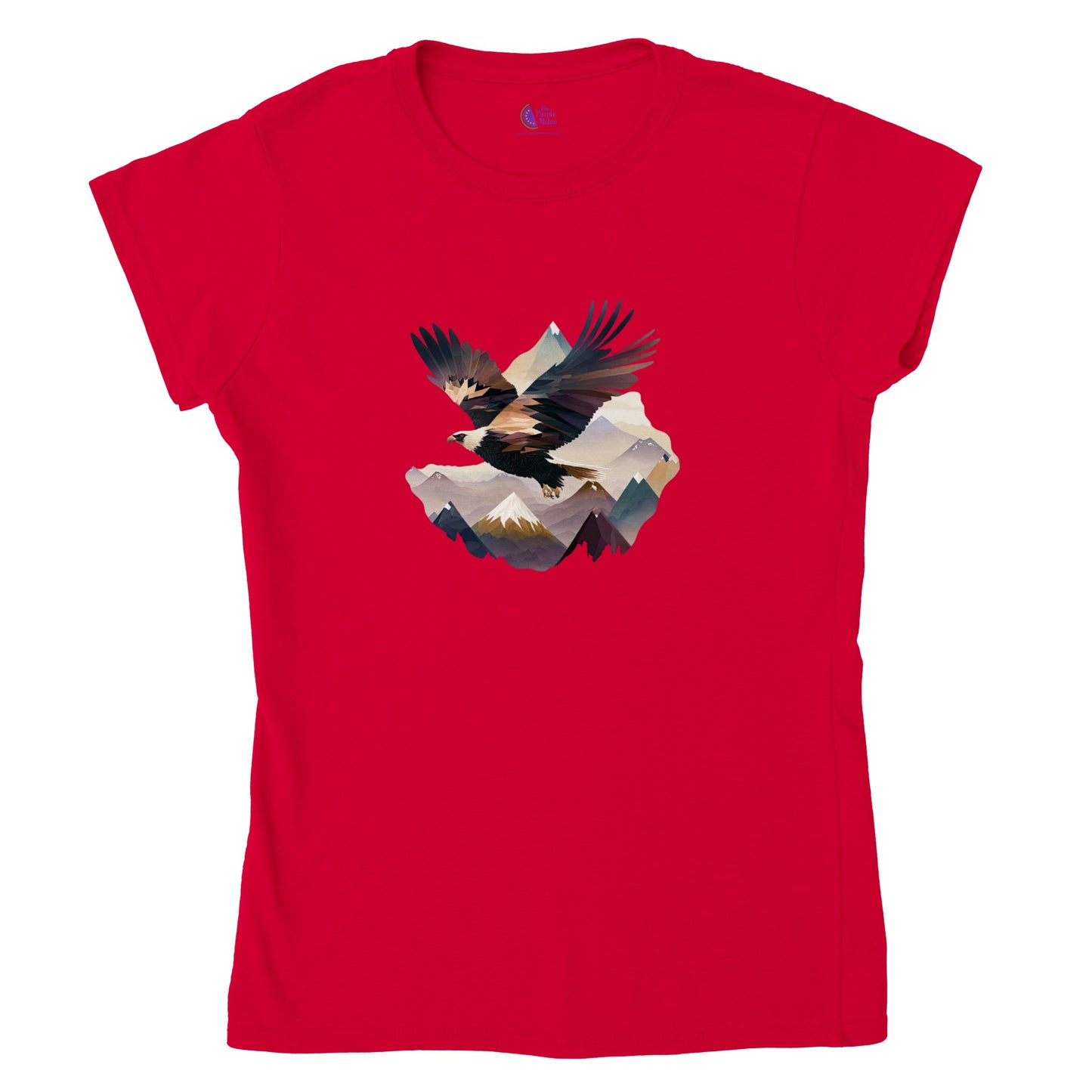 Red t-shirt with an eagle flying over a mountain range print