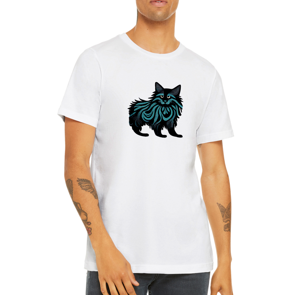 Guy wearing a white t-shirt with a Maine Coon cat print
