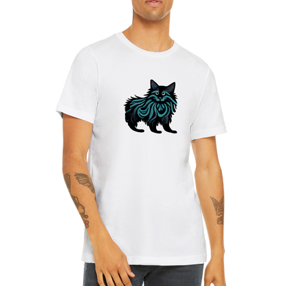 Guy wearing a white t-shirt with a Maine Coon cat print