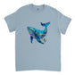 Light blue t-shirt with a blue whale print