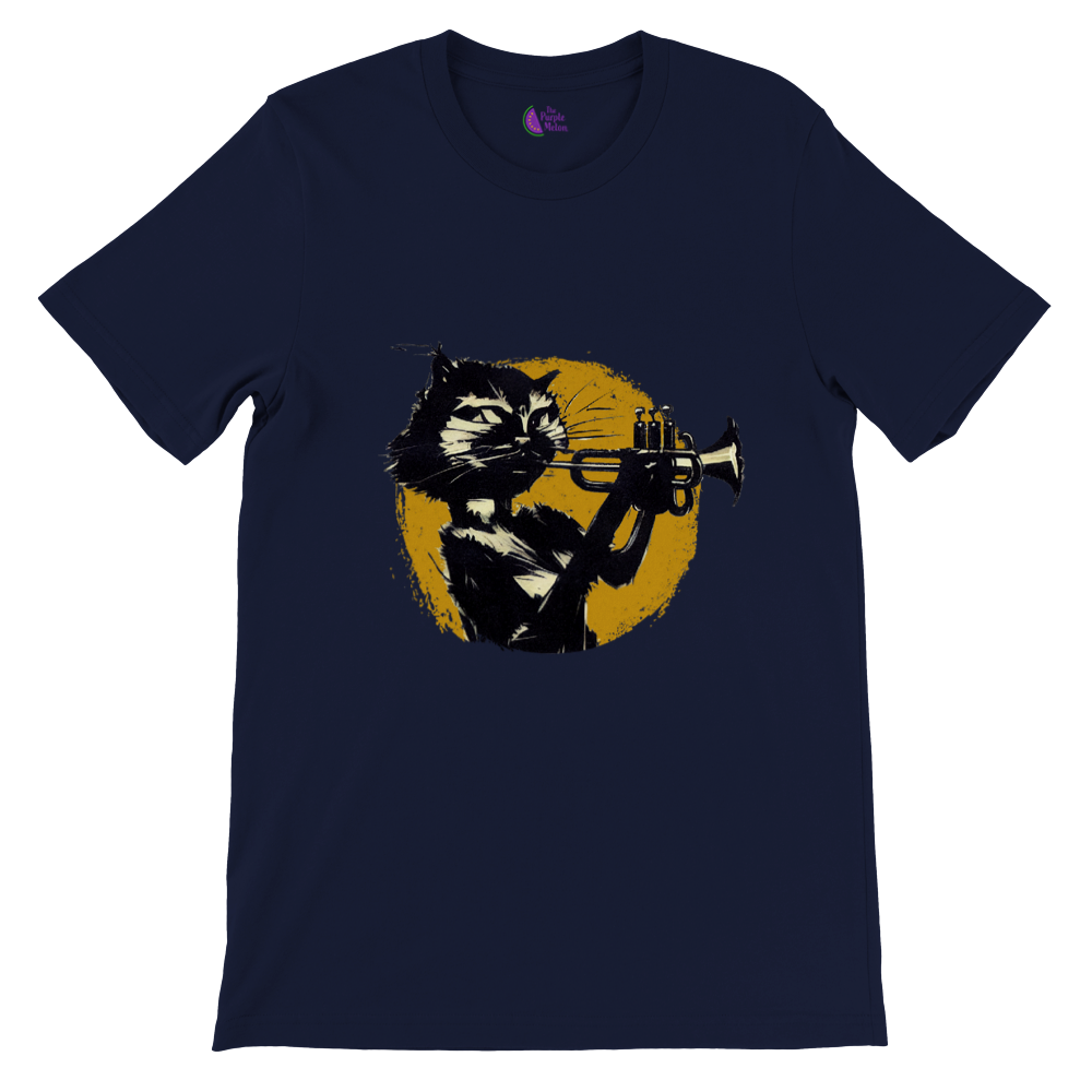 Navy t-shirt with a cat playing the trumpet print