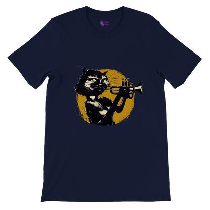 Navy t-shirt with a cat playing the trumpet print