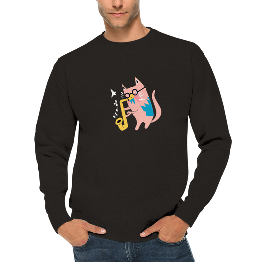 Pink Cat Playing a Saxophone Premium Unisex Crewneck Sweatshirt.