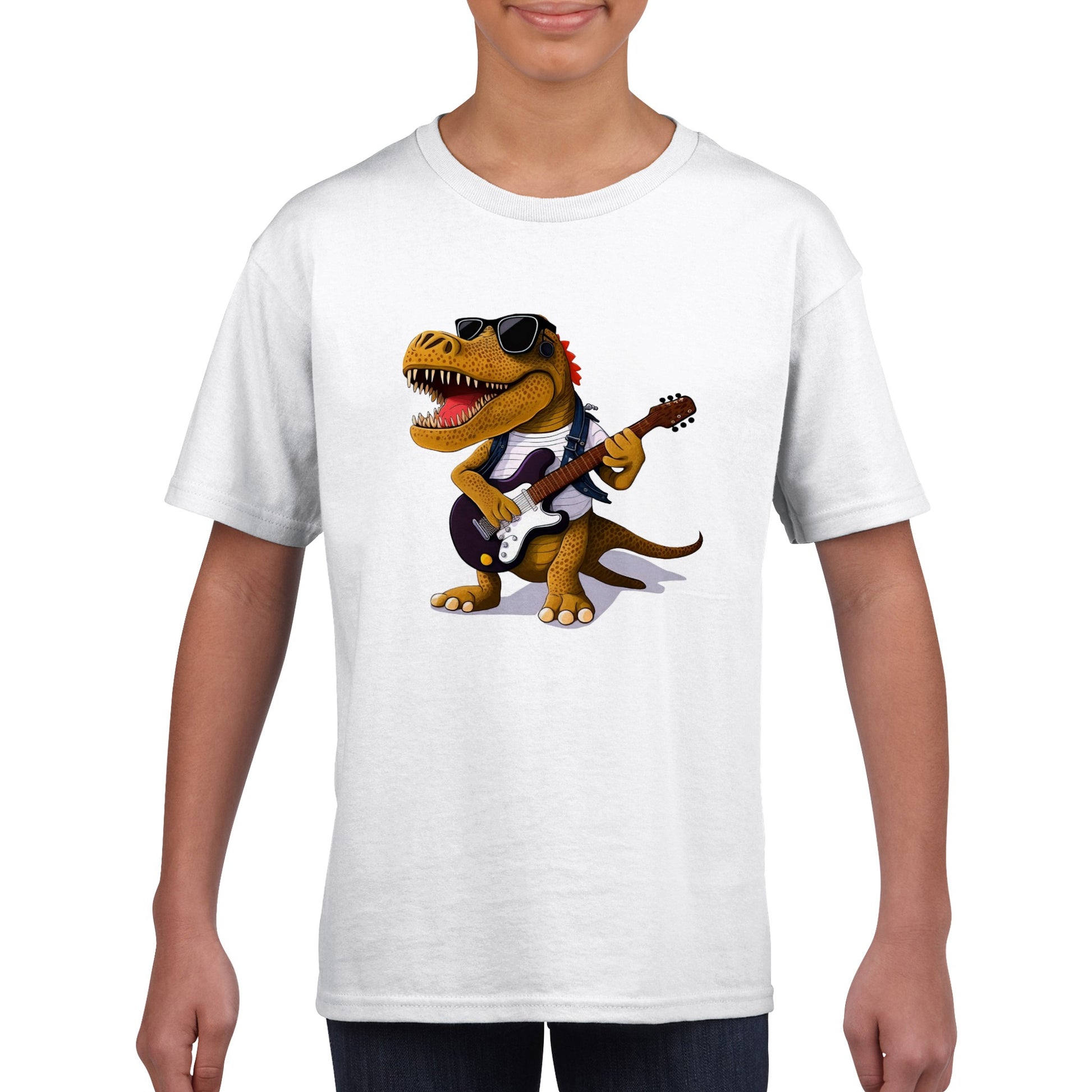 Boy wearing a white t-shirt with a rockstar dino playing the guitar print