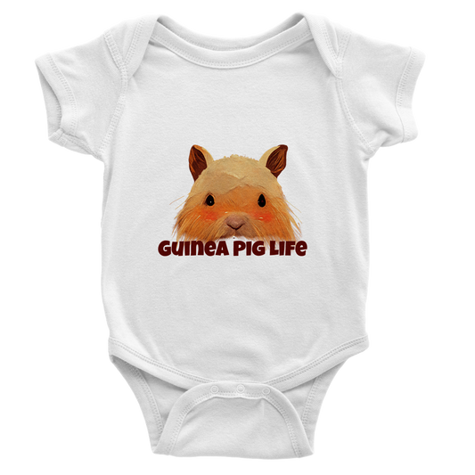 White short sleeve baby onesie with cute Guinea Pig life print