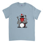 Light Blue t-shirt with a robot playing the drums graphic