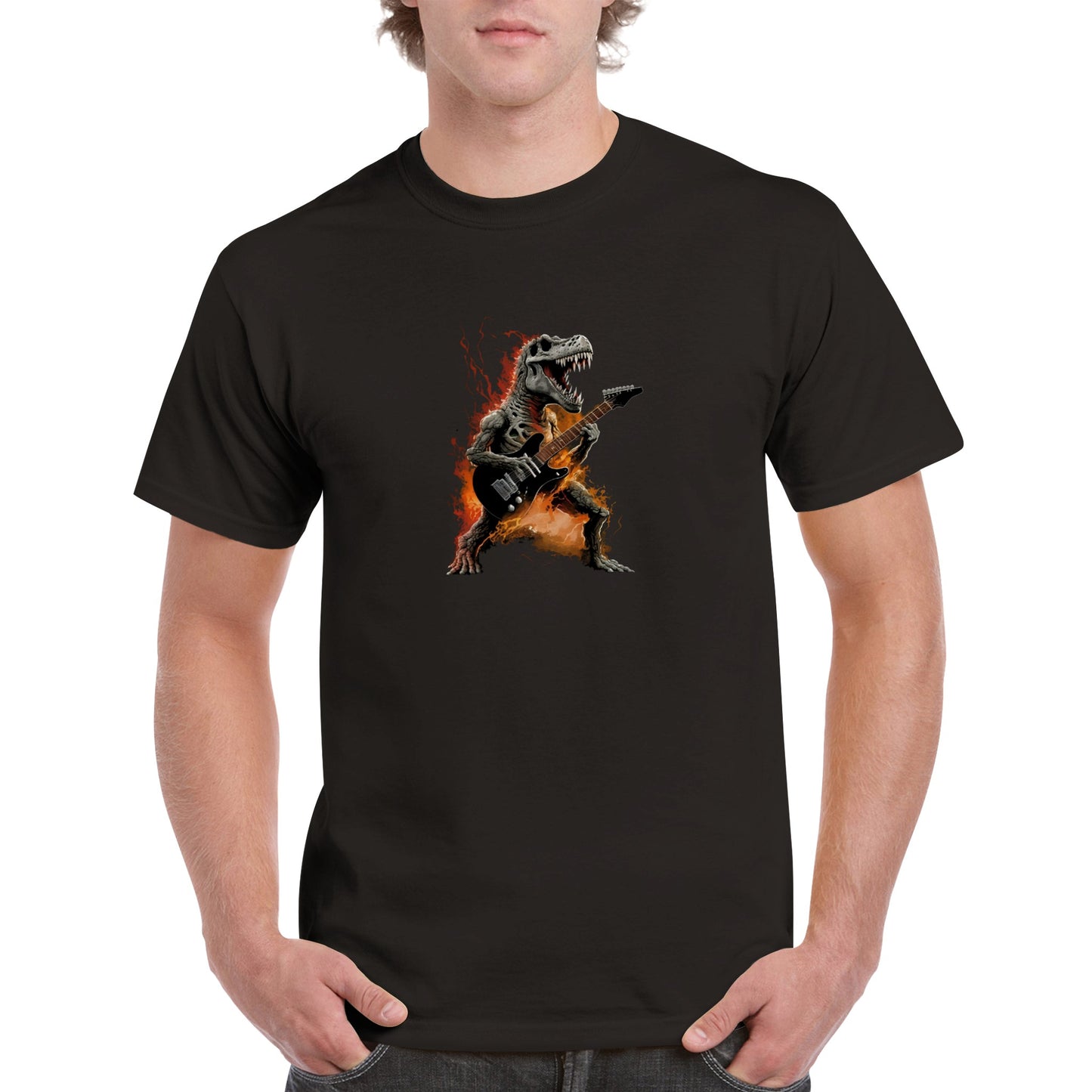 Rock Out in Style with the T-Rex Skeleton on Fire Playing Guitar Heavyweight Unisex Crewneck T-Shirt