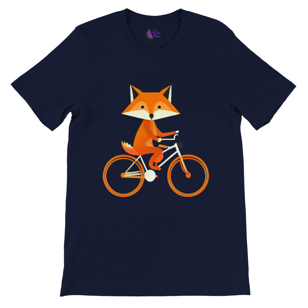 Navy blue t-shirt with a print of a cute fox riding a bike