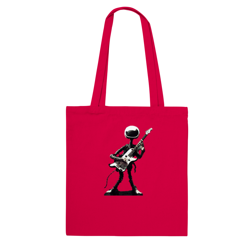 Red tote bag with black and print of an alien playing the guitar