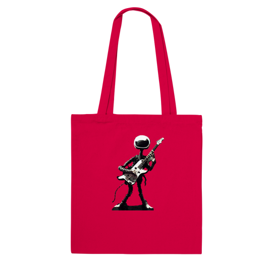 Red tote bag with black and print of an alien playing the guitar