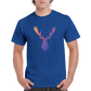 royal blue t-shirt with a rainbow moose print