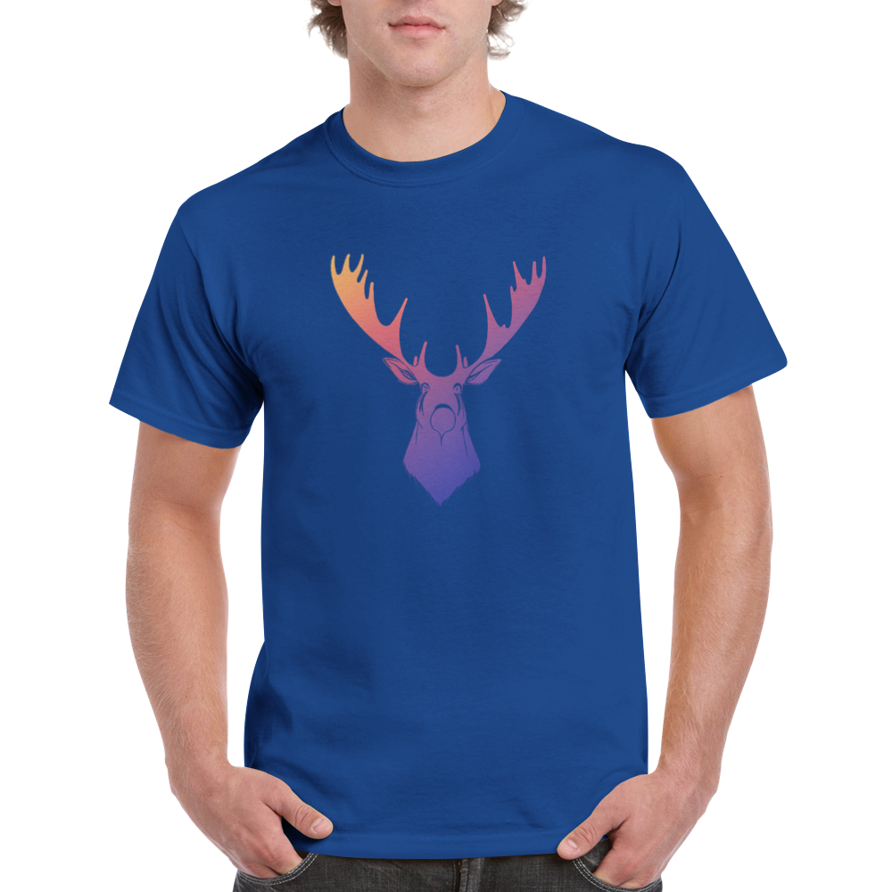 royal blue t-shirt with a rainbow moose print
