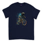 Navy blue t-shirt with a happy bear riding a bike print