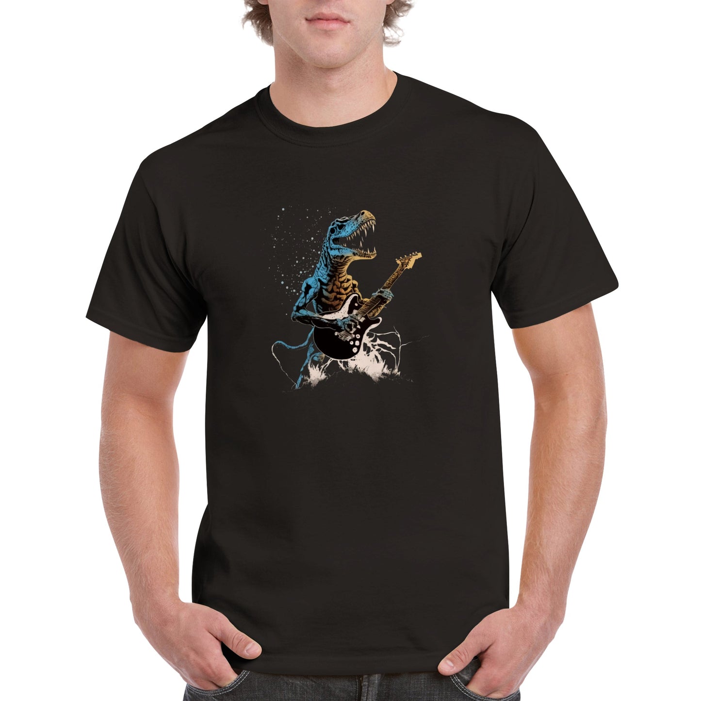 A guy wearing a black t-shirt with a t-rex shredding out on a guitar print
