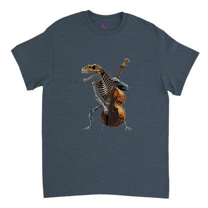 Grey t-shirt with a skeleton of a t-rex playing a double bass