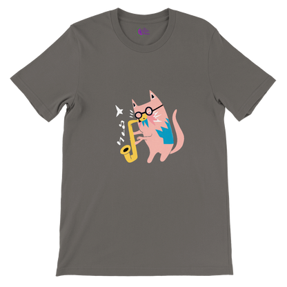 Pink Cat Playing a Saxophone Premium Unisex Crewneck T-shirt.