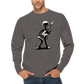 A man wearing a grey sweatshirt with an alien playing a guitar print