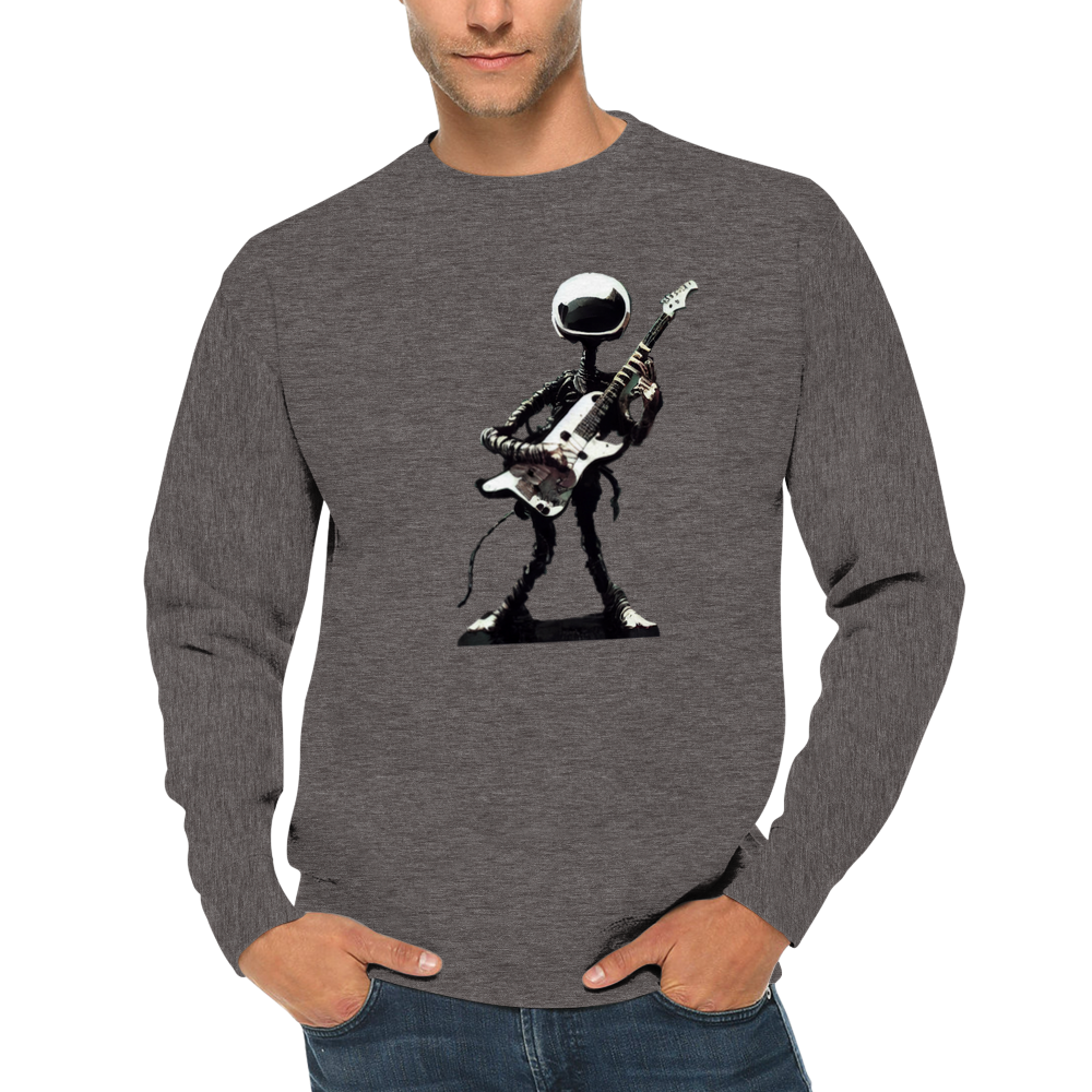 A man wearing a grey sweatshirt with an alien playing a guitar print