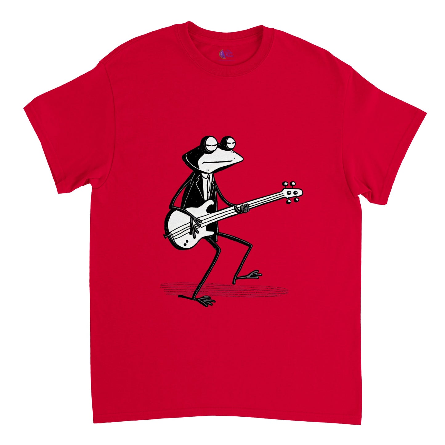 Red t-shirt with a frog playing a bass guitar print